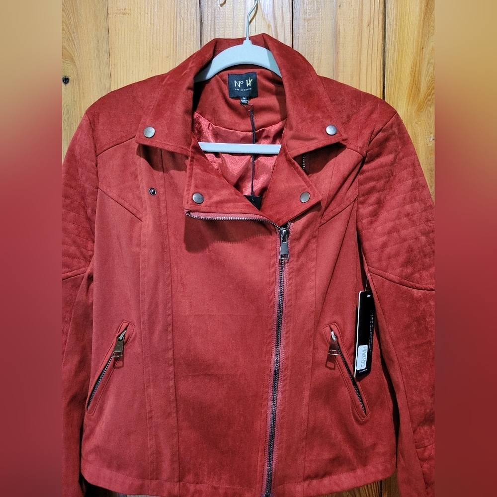 Women's Red Faux Suede Jacket with Quilted Sleeves - Picture 4 of 12
